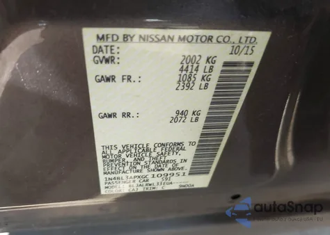 2016 Nissan Altima 3.5 Sl/3.5 Sr из США, поврежденный, VIN 1N4BL3APXGC109951